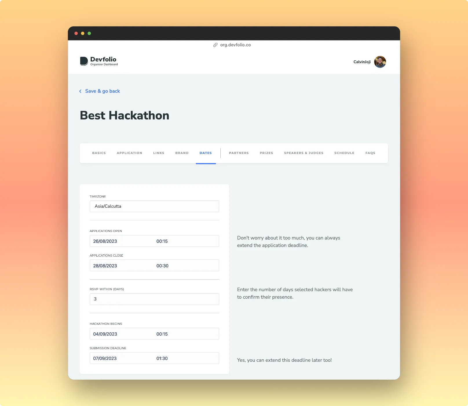 Dates tab view